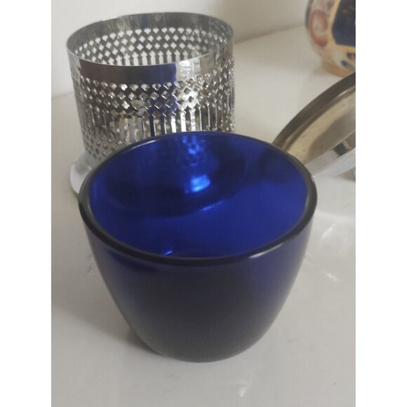 England Chrome Covered Jam/Honey - Condiment Server w Cobalt Blue Insert - Picture 6 of 12